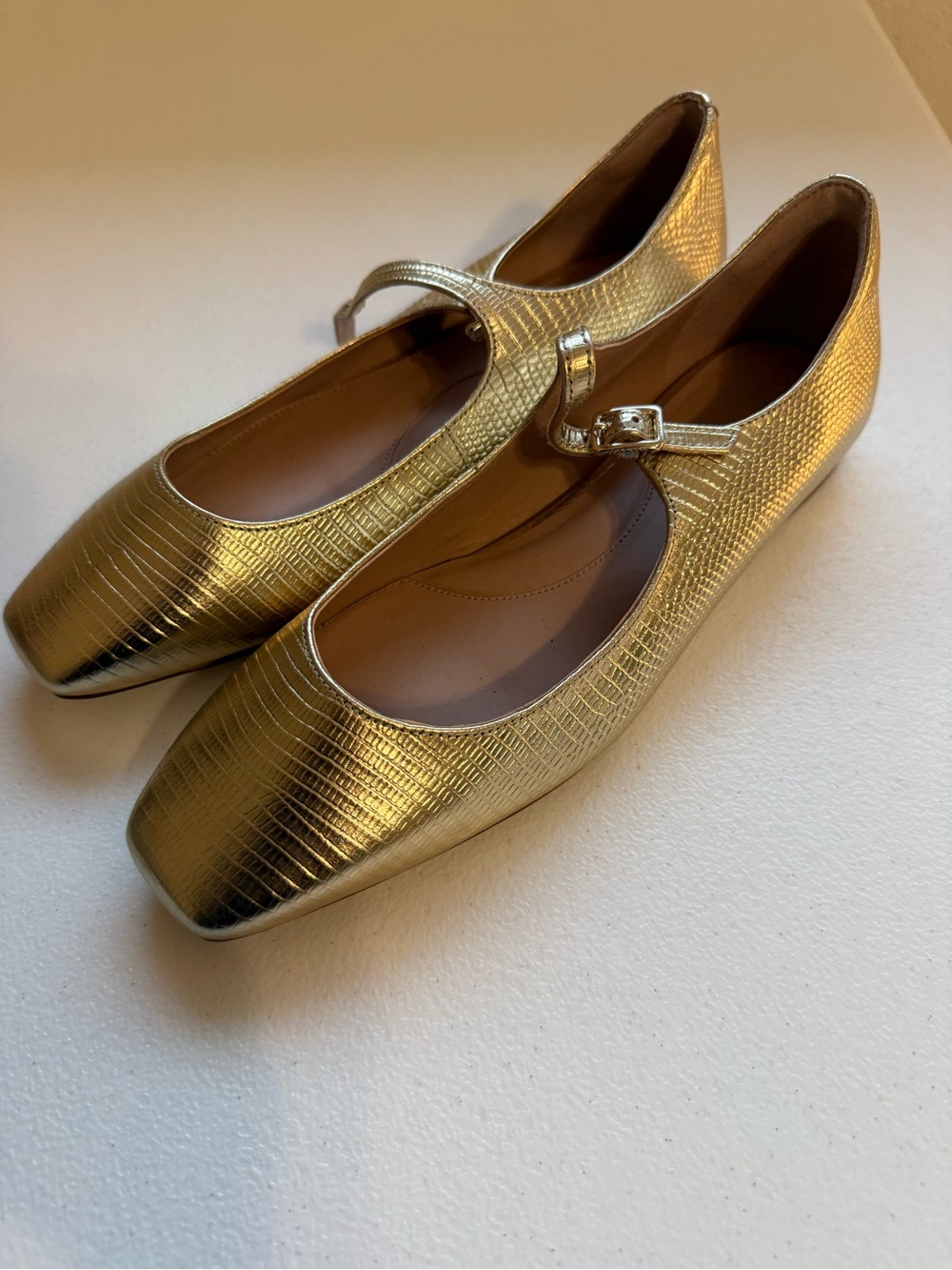 COLE HAAN SIZE 6-1/2 B -Gold Mary Jane Flat Shoes - Sleek Metallic Women's Flats